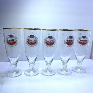 Lot Of 5–Amstel Light ~ 8" Stemmed Gold Trim Beer Glass 33CL